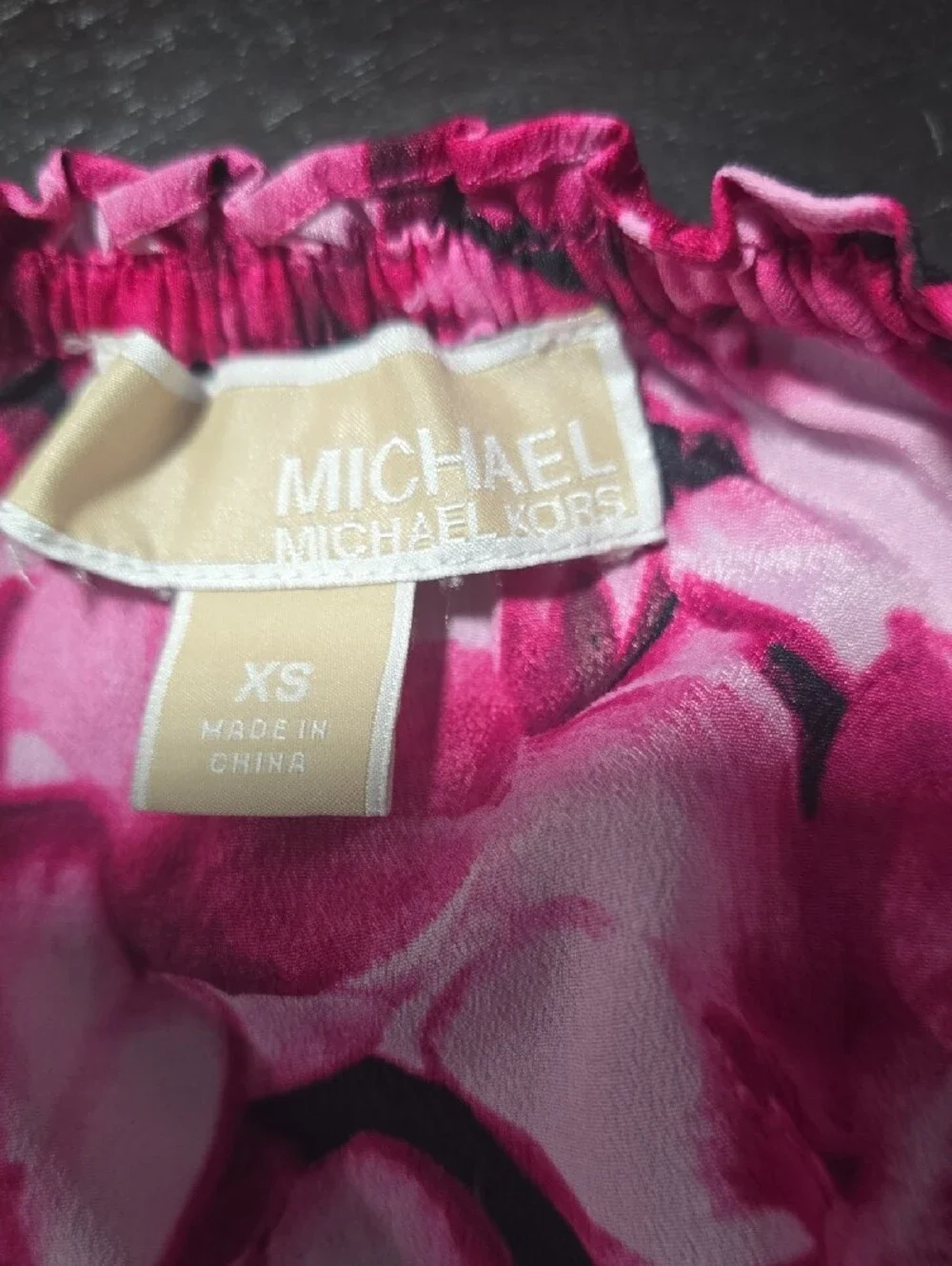 Michael Kors Pink Floral Elastic-Neck Blouse with Black Accents